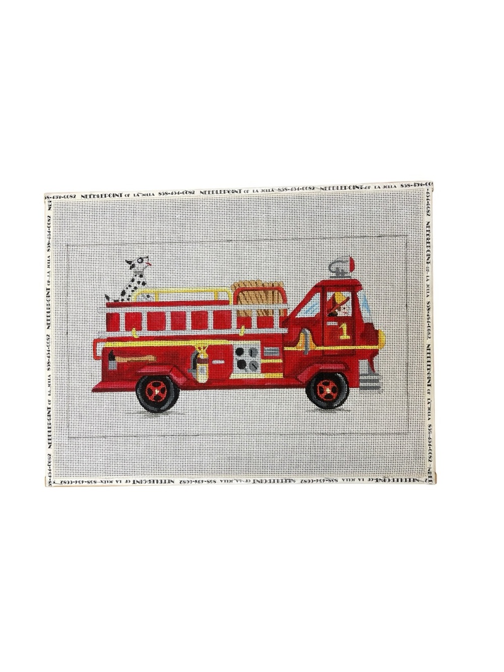 Vintage Needlepoint of La Jolla Fire Truck Canvas w/ Dalmatian 22x15”
